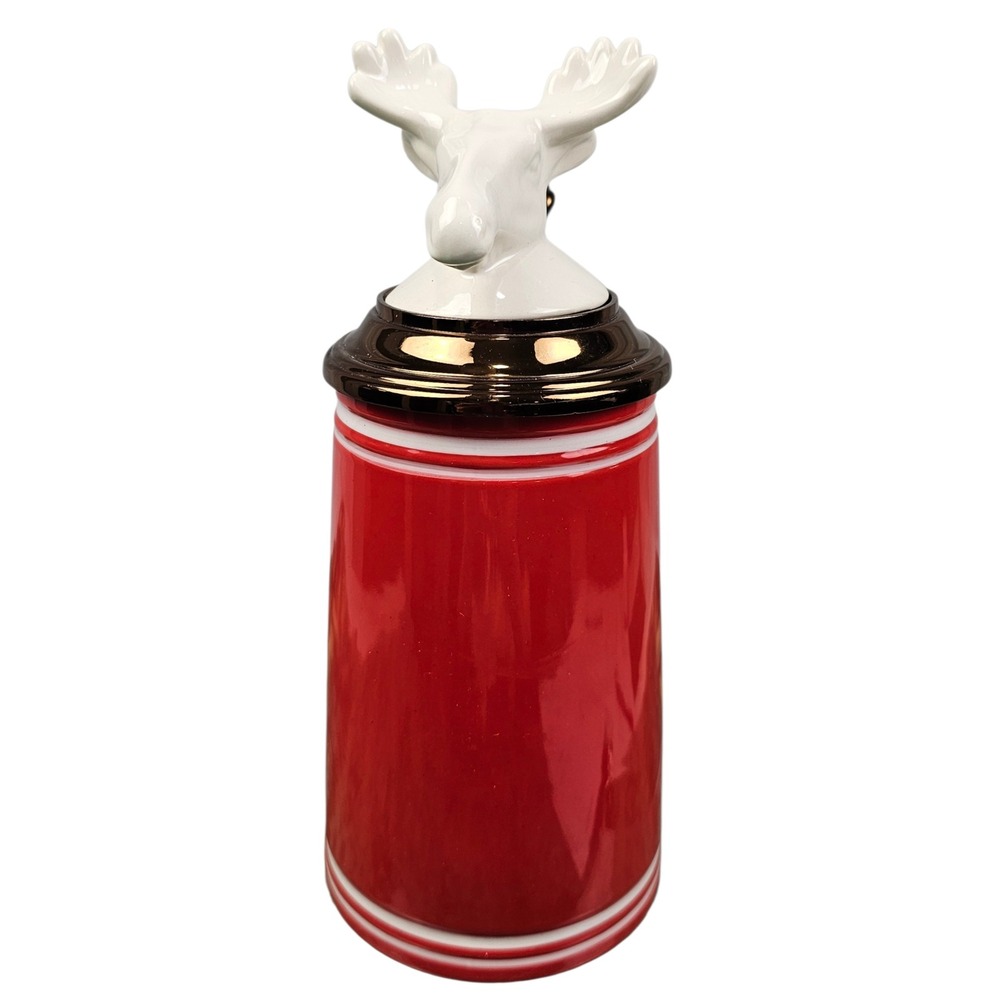 Threshold Red Stoneware Beer Stein with White Moose‎ Head Hinged Lid 9.5 Inch